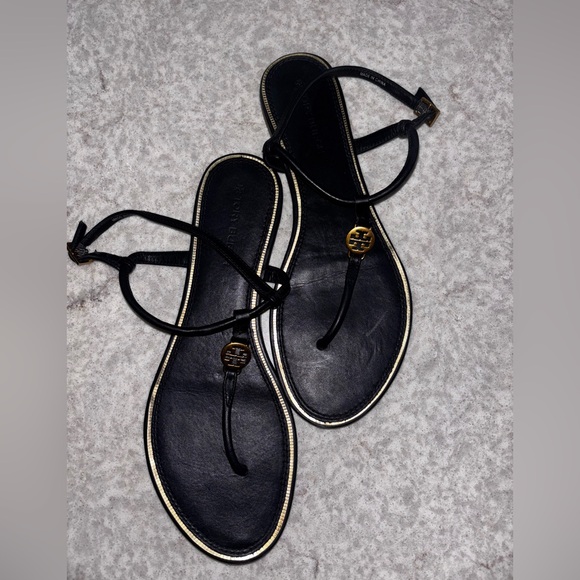 Tory Burch Black Sandals with Gold Trim - Picture 2 of 8